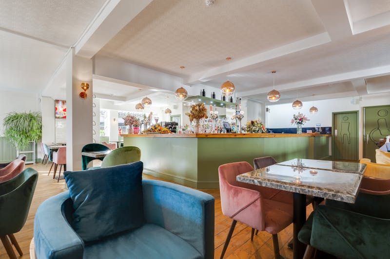 Modern counter and bar area at Mod Pizza restaurant